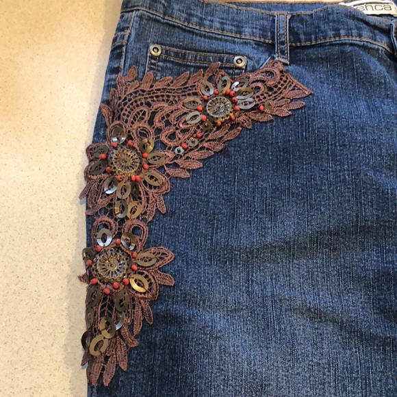 MISHCA HIGH WAISTED EMBELLISHED CROPPED DENIM JEANS BLUE BROWN PLUS SIZE 14 - Picture 5 of 13